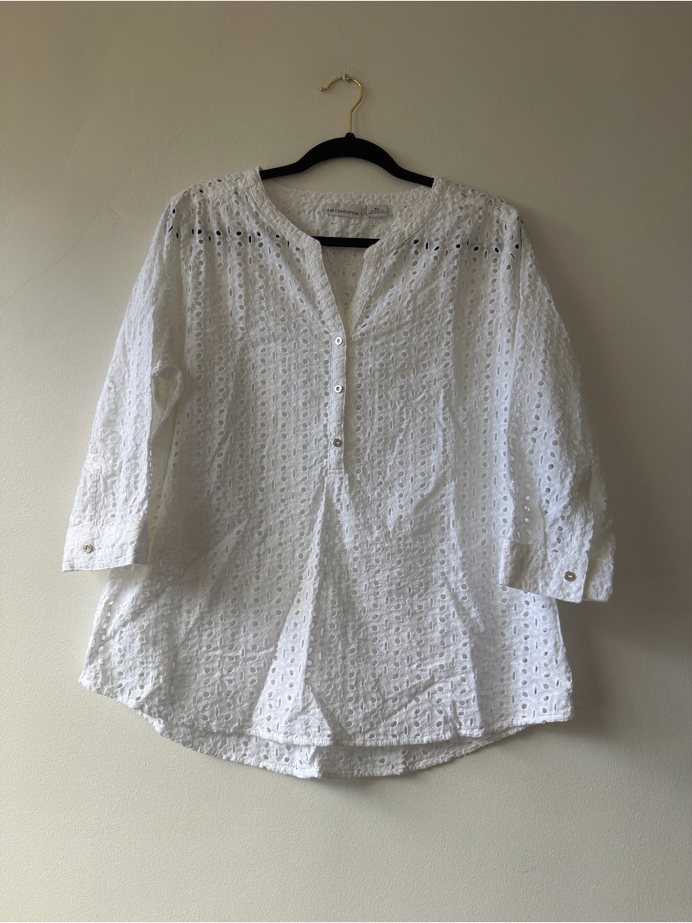 Liz Claiborne White Eyelet Henley Tunic Size XL 100% cotton